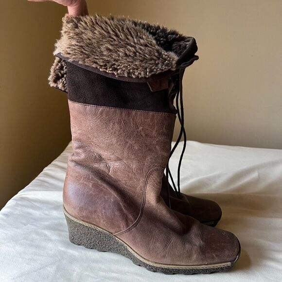 Eric Michael Two-Tone Leather Knee High Boots 39 Fur Lined Wedge Heel - Picture 6 of 10